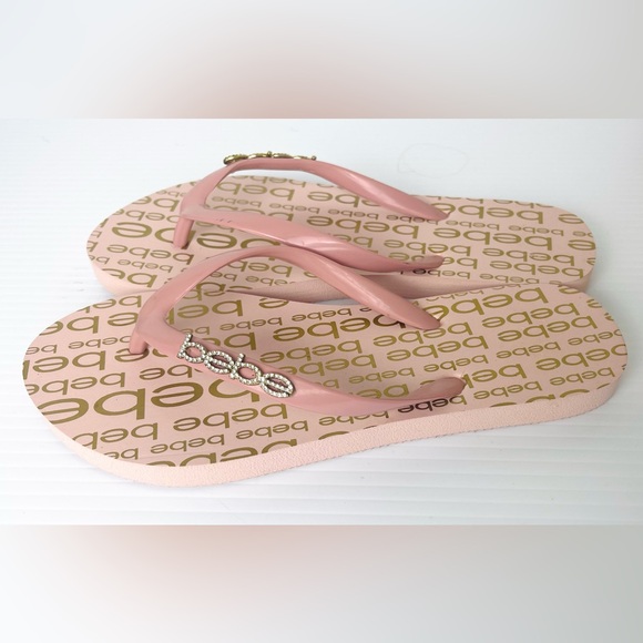 New Bebe Women's Samirah Light Pink Rhinestone Bebe Logo Flip Flop Size 6 - Picture 5 of 9